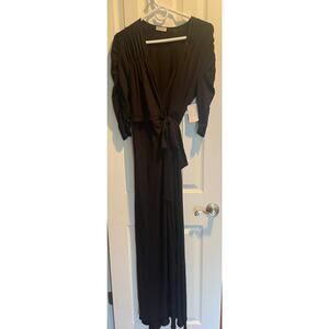 Kiyonna Meadow Dream Maxi in Black, wrap dress with tie. A47